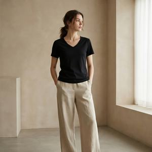 เสื้อยืดคอวี TKAN1034D ขายส่ง เสื้อผ้าผู้หญิง ผ้าฝ้าย 100% สีพื้น ทรงหลวม แขนสั้น เหมาะสำหรับเล่นกีฬากลางแจ้งในฤดูร้อน ราคาถูก - Product Image 1