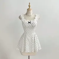 Robe mini trapèze à pois avec nœud papillon et dentelle pour femme, style décontracté d'été, ODM