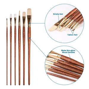 SINOART Personalized Long wooden Handle Painting Brushes Set 6pcs Featuring Taklon and Nylon Bristles