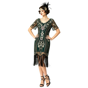 1920s <b>Sequined</b> Tassel Skirt Retro Party Evening Dress Scoop Neck Sheath Embroidered Organza Vintage Style - Product Image 3