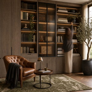 <span class=keywords><strong>Bibliothèque</strong></span> moderne de luxe en noyer sur mesure avec portes en verre cannelé et éclairage LED - Meuble de rangement en bois modulaire intégré - Product Image 1