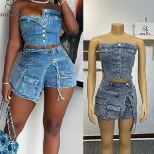 2024 New Fashion Sleeveless Tube Top Matching Short Cargo Jean Sets Women Streetwear Stretchy 2 Piece Sets