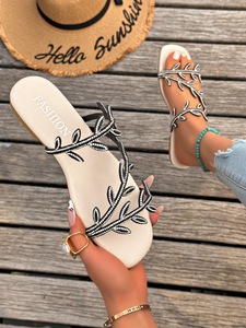 Sandalias planas para mujer con diseño de hoja y diamantes de imitación, elegantes, brillantes, a la moda, informales, para verano. - Product Image 6