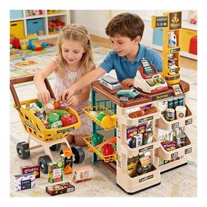 Ensemble de jouets éducatifs de jeu de rôle pour enfants : Supermarché avec caisse enregistreuse, scanner, monnaie factice et chariot de courses - Product Image 3