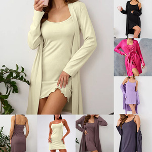 Ensemble de vêtements de nuit en tricot côtelé pour femmes, deux pièces, avec ourlet à volants et cardigan à manches longues, vert clair - Product Image 6