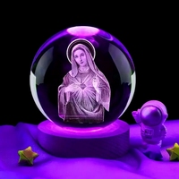 Décoration d'intérieur, cadeau religieux chrétien, lampe à boule de cristal 3D, support de lampe à boule de cristal sculptée, lumière de nuit à boule de cristal changeante de couleur, statue de la Vierge Marie