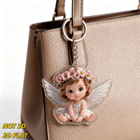 Porte-clés ange mignon avec couronne de fleurs roses, breloque en acrylique avec ailes blanches, accessoire léger et original pour clés