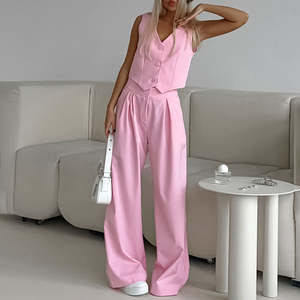 Top Casual da donna elegante in tinta unita con motivo tinta unita in due pezzi senza maniche con decorazione a bottoni per l'estate a lunga trama - Product Image 2