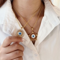 Kalung Liontin Berlian Zirkon Mata Iblis Kristen Fashion, Rantai Emas 18k, Set Perhiasan Kalung untuk Wanita
