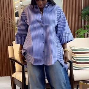 Camisa de manga larga a rayas azules para mujer, top holgado a la moda - Product Image 1