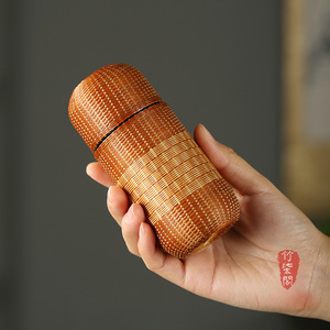 Handmade Bamboo Woven Pure Titanium <b>Thermos</b> Cup Compact Travel Portable Mini <b>Tea</b> Cup Screw Cap Round Design - Product Image 5