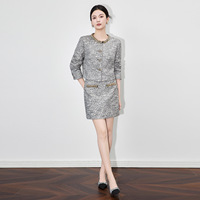 Ensemble tailleur tweed automne-hiver de qualité supérieure pour femme, col rond, manches longues, manteau à simple boutonnage, mini-jupe crayon, 2 pièces avec strass