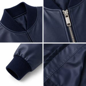 Men's Faux Leather Bomber <b>Jacket</b> Full Zip PU Leather <b>Slim</b> <b>Fit</b> Varsity <b>Jacket</b> with Ribbed Collar Cuffs and Hem - Product Image 2
