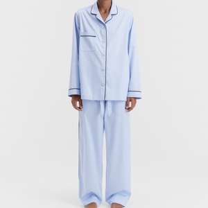 Ensemble de vêtements de nuit pour femmes personnalisé, bleu clair rayé, modal, manches longues, boutonné, vêtements de détente, pyjama en coton biologique avec poche - Product Image 3