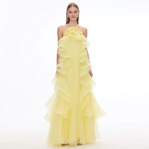 Abito Lungo Giallo Limone <span class=keywords><strong>con</strong></span> Etichetta Privata Personalizzata per Donna, Vestito <span class=keywords><strong>da</strong></span> Sera <span class=keywords><strong>con</strong></span> Applicazioni Floreali 3D e Balze Stratificate per Eventi Formali - Product Image 6