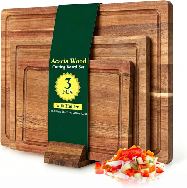 3 PCS Acacia Wood Cutting Boards for Kitchen With Wooden Storage Stand Chopping Boards Deep Juice Grooves Charcuterie Board
