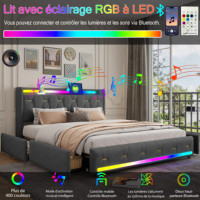 Cadre de lit en velours avec deux enceintes Bluetooth, 4 paniers de rangement dorés, chargement USB Type C, lumières synchronisées à la musique, beige, gris, noir