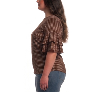 Women's Vintage Breathable Brown Polka Dot Chiffon Blouse O-Neck <b>Cap</b> <b>Sleeve</b> Loose Fit Casual Daily <b>Top</b> All Seasons - Product Image 3