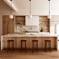 Conception européenne sur mesure Armoires de cuisine modulaires en placage de bois massif Carcasse en verre et acier inoxydable pour projets d'appartements