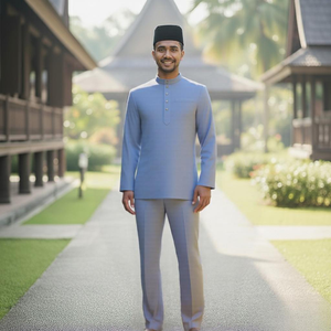 SIPO Malaisie TELUK BELANGA Homme Bleu Clair Col Mandarin Modeste Traditionnel Kurta Top avec Sarong Tenue Ethnique Élégante - Product Image 2