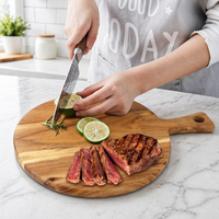 Planche à découper en bois d'acacia avec poignée, plateau rond en bois pour charcuterie, plateau de service pour viande, planche de boucher, plateau à pizza