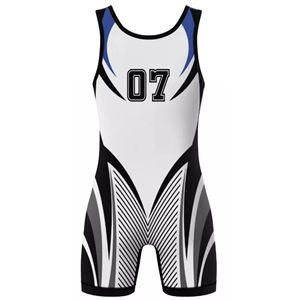 Singlet de lutte sublimé pour homme, blanc et bleu, motif géométrique, sans manches, coupe ajustée, col rond. - Product Image 5
