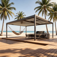 Pergola bioclimatique en aluminium avec toit rétractable à lamelles électriques personnalisées, résistante aux vents forts, avec éclairage LED et revêtement en poudre