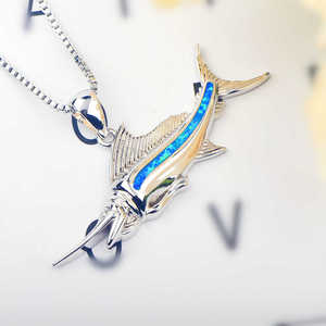 Hawaii style 925 sterling silver blue <strong>opal</strong> marlin fish pendant <strong>necklace</strong> for men summer jewelry - Product Image 4