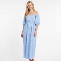 Robe midi en coton de haute qualité pour femme, élégante, col bateau, manches bouffantes, taille naturelle, décontractée et respirante