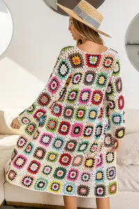 Women Bright Multi Colored Cardigan Crochet Jumper Oversize Cardigan Sweater Retro Long Sweater Patchwork Jacket