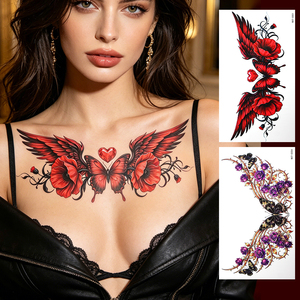 Adesivi per Tatuaggi Temporanei Impermeabili, Non Tossici ed Ecologici, Design Gotico Scuro con Rose Rosse e Ali a Forma di Cuore per il Corpo - Product Image 1