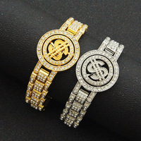 Bracelet Hip Hop pour homme, entièrement pavé de zirconiums cubiques, bracelet rotatif en forme de signe dollar, bijoux plaqués or et argent