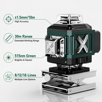 Niveau laser croisé sans fil rechargeable Li-ion à faisceau vert autonivelant haute précision 8, 12 ou 16 lignes, lumineux pour extérieur, portée 30m