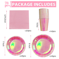 Ensemble de vaisselle jetable rose holographique romantique pour la fête de la Saint-Valentin, comprenant des gobelets, des assiettes et des serviettes, idéal pour les anniversaires