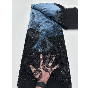 Tela de Encaje de <span class=keywords><strong>Terciopelo</strong></span> de Lujo al por Mayor de Alta Calidad, Bordada con Cuentas, Tul Francés con Lentejuelas, para Vestido de Novia o de Noche, 5 Yardas - Product Image 1