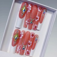 Tacana 10 pièces Faux ongles à presser faits main 5.0 Longs, motifs Tube d'eau, Cœur, Floral, Strass, Style Européen Français, Color Block, Couverture complète