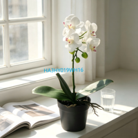 Anggrek Phalaenopsis Fuchsia Mini 8 Kepala Buatan dalam Pot Plastik Hitam, Tahan Lama, Sentuhan Realistis, Tanaman Bunga Palsu untuk Dekorasi Rumah