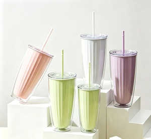 Gobelet en plastique à double paroi avec couvercle, motif dessin animé, pour boissons glacées d'été, avec paille, 400 ml, design moderne, idéal pour les fêtes - Product Image 5