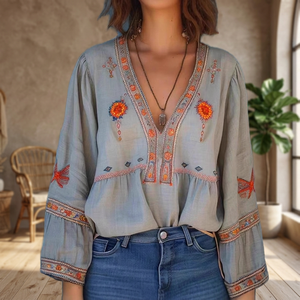 Blusa de Gasa Bohemia para Mujer con Cuello en V, Bordada, de Corte Holgado, con Mangas Campana y Estampado Floral, para Primavera/Verano - Product Image 4