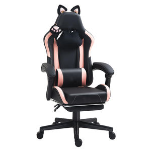 Silla de juego bonita negra y rosa con orejas de gato, silla ergonómica para ordenador con reposapiés, silla reclinable para juegos de PC para niñas, adolescentes y niños - Product Image 1