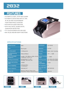 เครื่องนับเงิน 2832  หน้าจอ TFT แสดงผลกว้าง 1 ถึง 9999  พร้อมเซ็นเซอร์ UV <span class=keywords><strong>MG</strong></span> IR MT 3D สี  นับมูลค่าได้ 1000 ชิ้น/นาที สำหรับ POS - Product Image 5