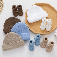 Ensemble bonnet et chaussons tricotés super doux et épais pour bébé, respirant, couleur bonbon, style turban, chapeaux décontractés pour enfants