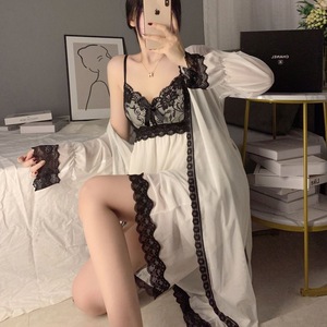 Camisón sexy de manga larga para mujer, primavera/verano, conjunto de dos piezas de malla pura y seductora para el hogar con almohadillas para sujetador - Product Image 4