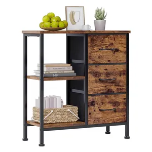 Brown Rustic Wood Fabric Lateral Filing File Cabinet 3 Drawer Mobile Rolling Printer Stand with Open Storage Shelf