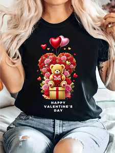 T-shirt con stampa Happy Valentine's Day Teddy Bear per donna, manica corta, girocollo, casual, primaverile, in jersey di cotone - Product Image 3