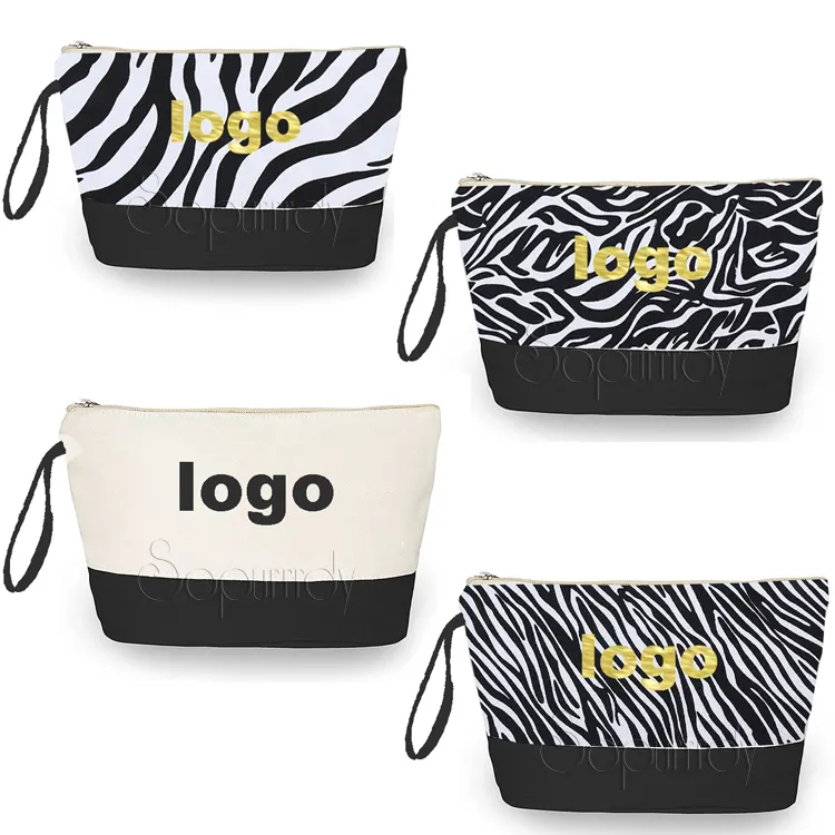 Sopurrrdy LOW MOQ Logo personalizzato piccola borsa per il trucco cosmetico in tela con stampa leopardata in bianco da viaggio con cerniera dorata carina