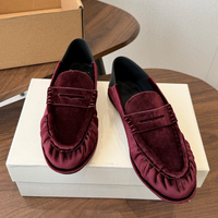 Mocassins plissés rouges en velours pour femmes, chaussures plates à enfiler, décontractées, pour le bureau, les soirées, les sorties quotidiennes