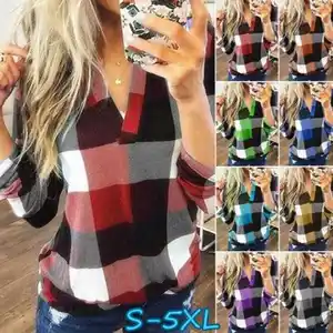 European and American Women's New Hot Spring and Autumn Shirt Plaid Print V-neck Long Sleeve T-shirt