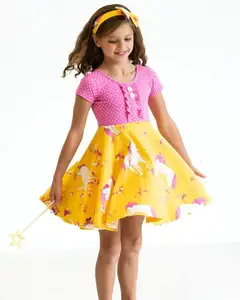 children new custom wholesale back to school dress horses printed kids yellow ruffle girl dresses