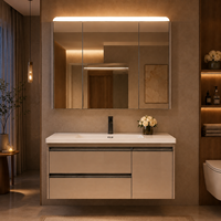 Meuble-lavabo mural moderne en bois massif pour hôtel avec vasque simple, miroir LED inclus, écologique et durable